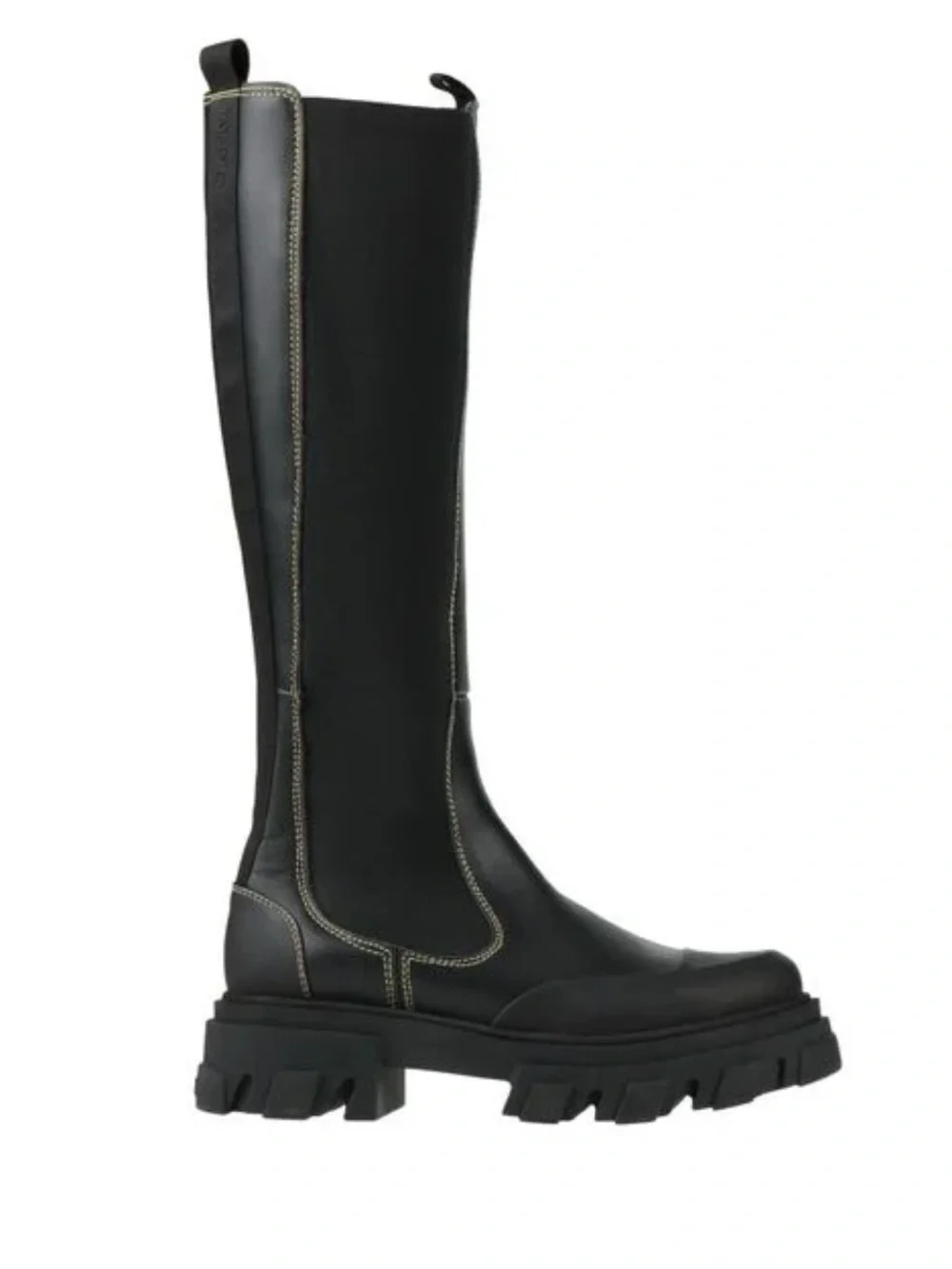 Ganni Black Over-the-Knee Lug Sole Boot with Contrast Stitching